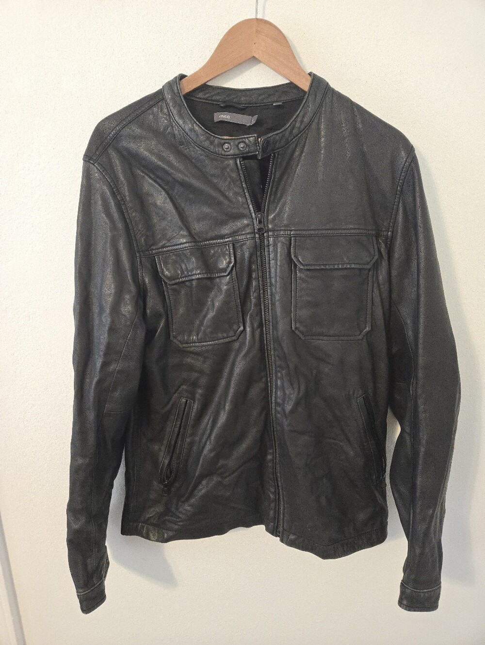 Vince Leather Jacket Casual Military Moto Mens Large Band Collar snap button